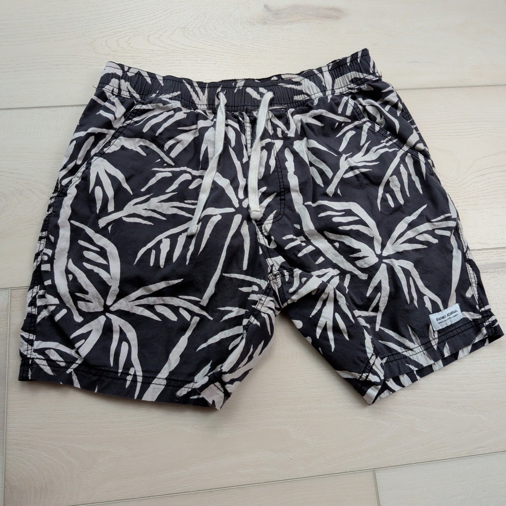 Banks Journal Swim Trunks Mens 30 Black White Palm Leaf Elastic Waist Shorts‎